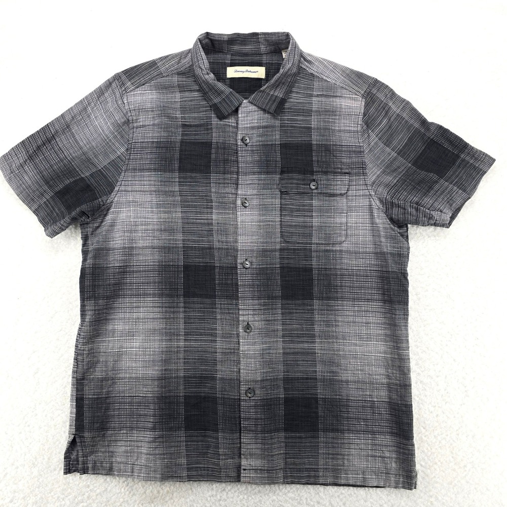 Tommy Bahama Mens Shirt XL Silk Cotton Blend Plaid Short Sleeve Button Down Gray